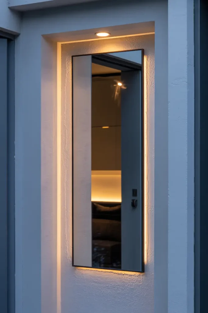 : A wide horizontal mirror with a thin black metal frame on a white plaster wall. Reflection of a wooden floor and a distant doorway, realistic glass smudges, soft overhead lighting, wide-angle lens, interior photography.