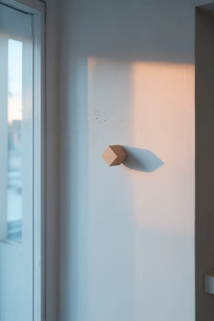 minimal scandinavian wall with small floating object casting shadow gap, ultra wide empty wall view, side angle showing depth and shadow gradient, close-up of dust and slight fingerprints, daylight vs warm evening lighting contrast, realistic interior photography, 50mm lens