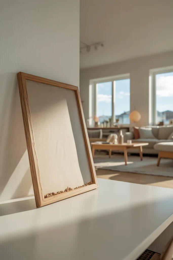 scandinavian interior with leaning wooden frame and textured paper, ultra wide room shot, side angle showing slight tilt and shadow gap, close-up of paper creases and bottom edge dust, soft daylight and warm indoor lighting, minimal furniture, realistic imperfections, 50mm lens