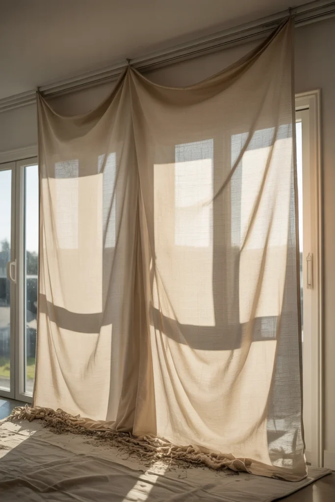 scandinavian wall with hanging fabric panel, ultra wide room perspective, angled light showing folds and wrinkles, close-up of fabric texture and slight dust at bottom edge, daylight and evening lighting variation, neutral tones, realistic interior photography, 35mm lens