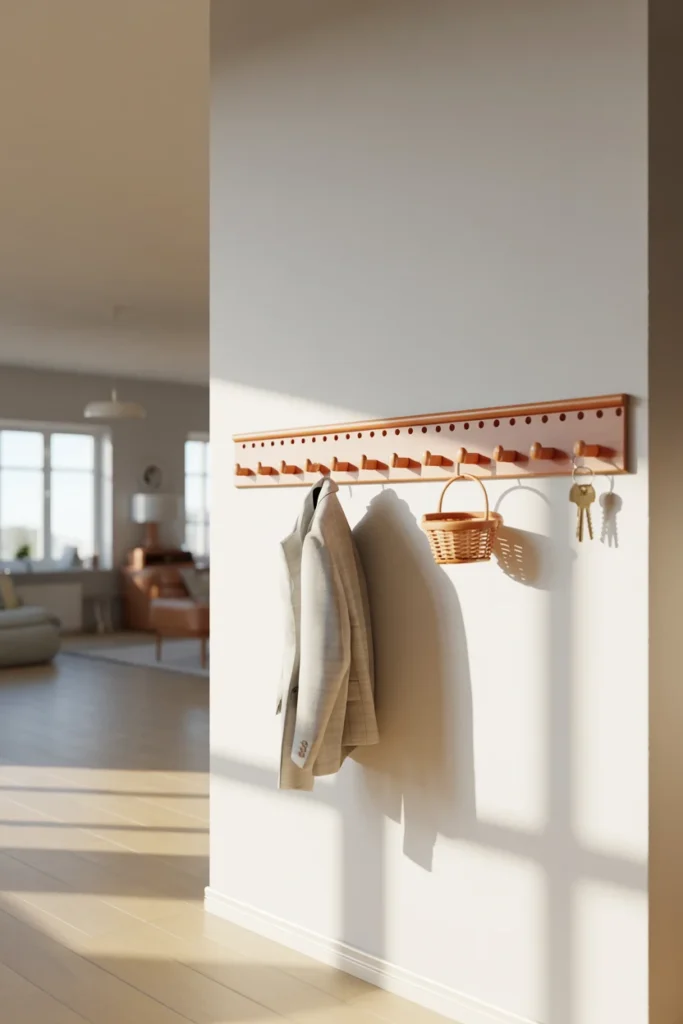 scandinavian wall with small peg rail and minimal items, ultra wide room view, side angle showing shadow dots from pegs, close-up of wood wear and dust on top edge, soft daylight and warm lighting contrast, realistic apartment interior, 50mm lens