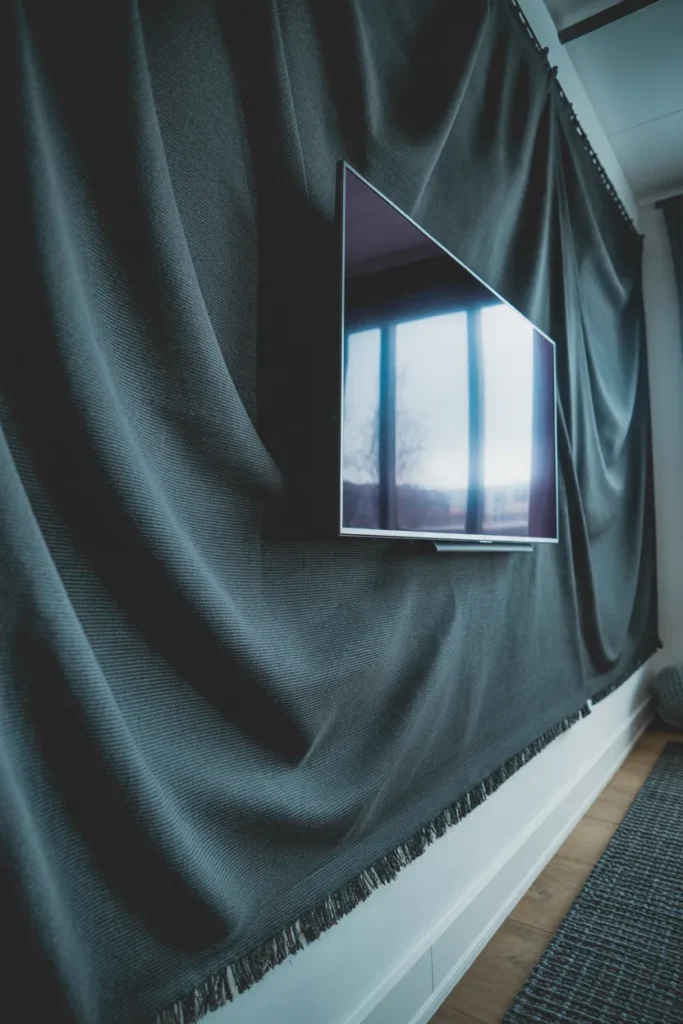 A wide-angle, eye-level shot of a modern den. A large TV is mounted against a massive, floor-to-ceiling black canvas wall hanging. The lighting is soft and diffused from an overcast day, highlighting the ripples in the fabric and the fraying edges. 35mm lens, realistic and grounded interior photography.