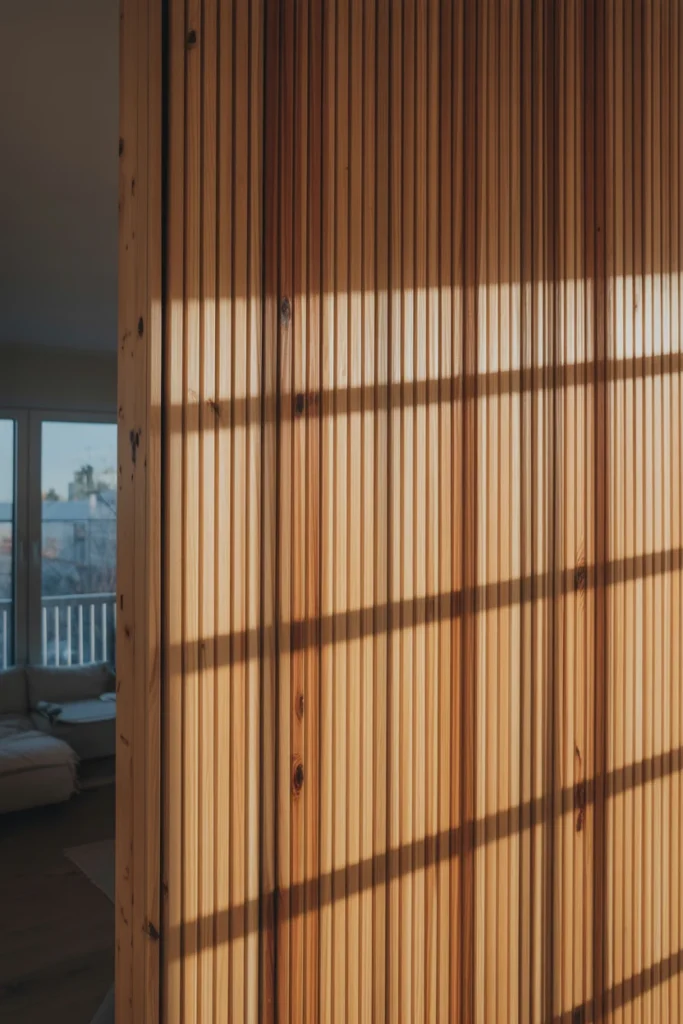 scandinavian wall with vertical wooden slat section, ultra wide interior view, side angle showing shadow lines between slats, close-up of uneven spacing and wood grain variation, natural daylight and evening lighting comparison, slight dust buildup between slats, realistic apartment setting, 35mm lens