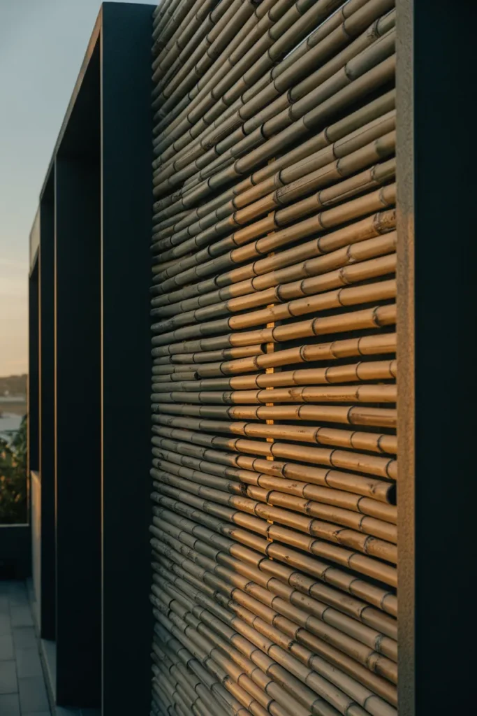 A section of bamboo slat fencing hanging on a balcony wall. Visible wire ties, weathered yellow-tan color, natural sunlight, realistic cracks in bamboo, high-detail texture.
