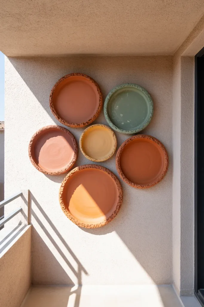 A group of five painted terracotta saucers mounted on an outdoor wall. Earthy matte colors, realistic clay texture, soft side-lighting, slight imperfections in paint, 50mm lens.