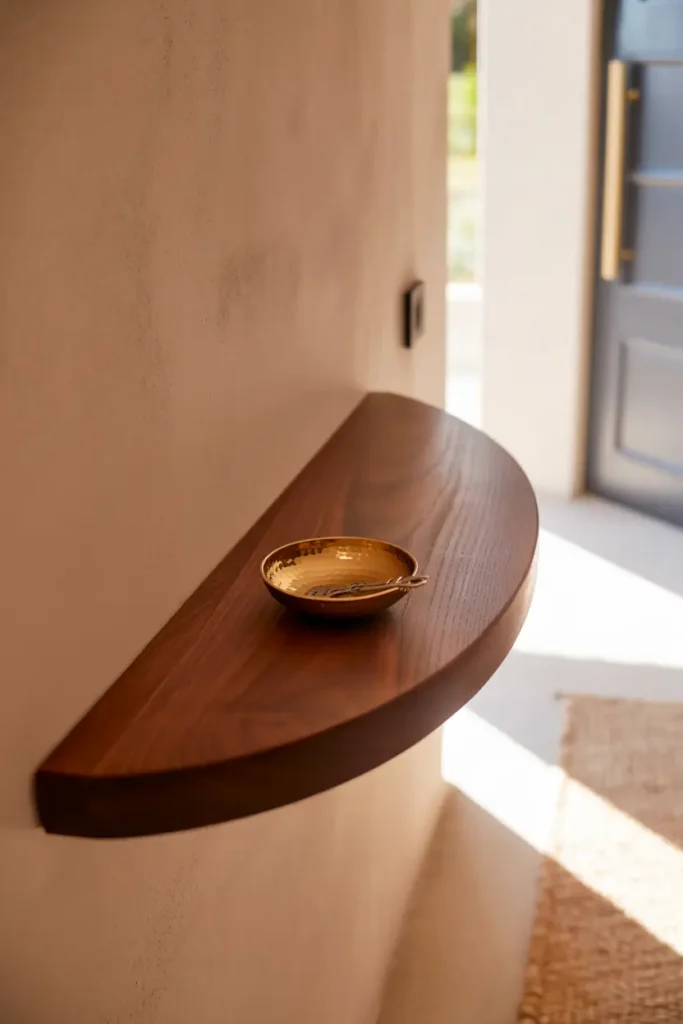 Interior photography of a dark walnut half-moon floating shelf on a light terracotta wall. A small brass key bowl sits on top, soft side-lighting highlighting the wood grain, realistic shadows beneath, 35mm lens, high-detail texture.

