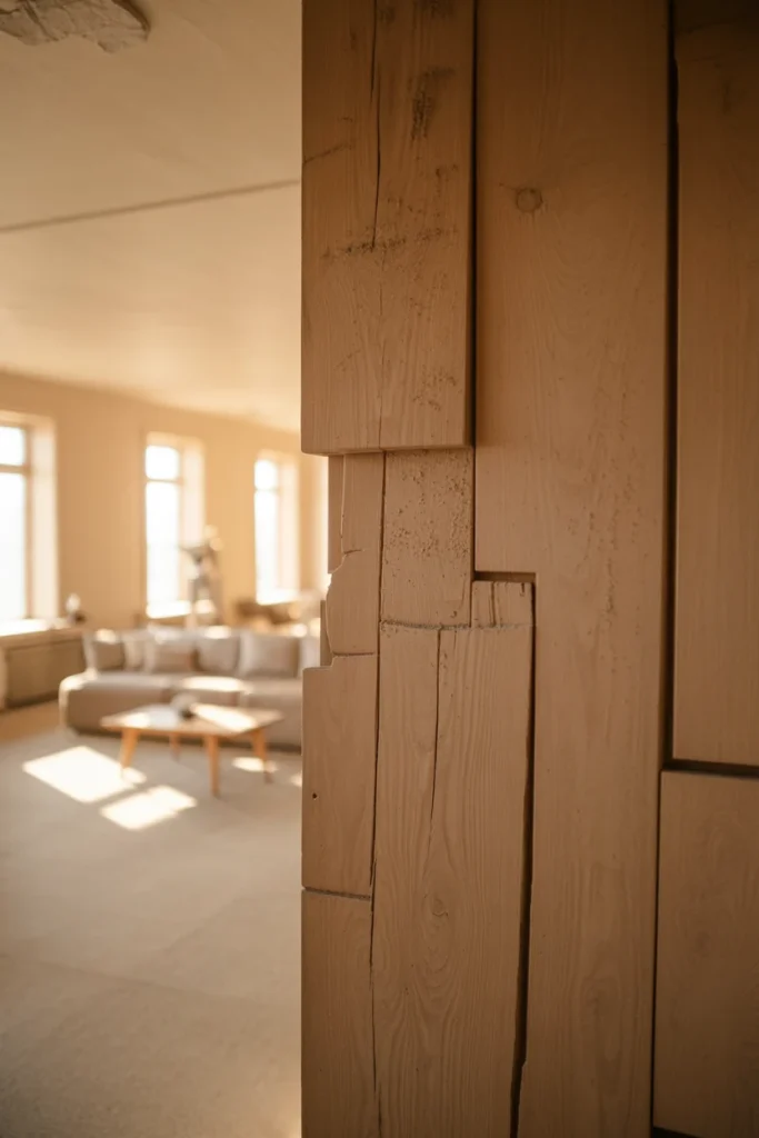 scandinavian wall with raw wooden panel, ultra wide room shot, side angle highlighting uneven edges and grain, close-up of texture and dust in grooves, daylight and warm lighting variation, neutral interior, realistic imperfections, 35mm lens