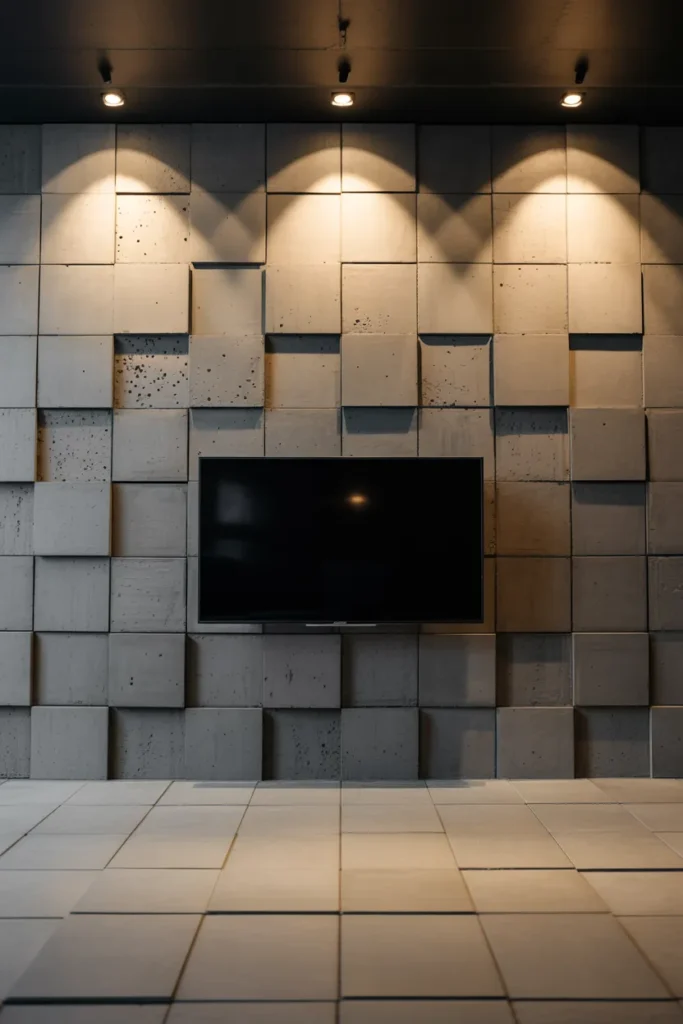  A wide-angle architectural shot of a living room. The wall behind the TV is made of 3D concrete tiles of varying depths. Overhead spotlights cast dramatic, sharp shadows downward across the tiles. Realistic air bubbles and gritty concrete texture are visible. 35mm lens, professional interior photography style.