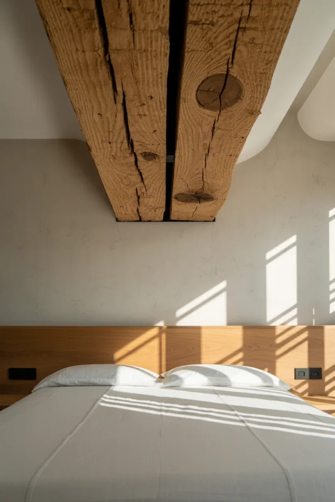 A wide-angle, symmetrical shot of a minimalist bedroom. Centered above the low-profile bed is a thick, 8-foot-long reclaimed oak beam mounted to a white plaster wall. The beam shows deep cracks and nail holes. Bright morning light from a side window casts long shadows across the wood grain. 35mm lens, interior photography style, showing the bed, headboard, and the wall decor in full context.