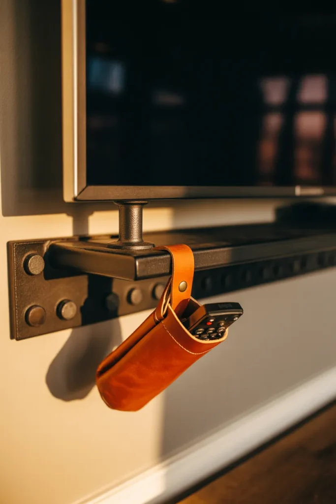 A close-up, angled shot from the side of a TV wall. A black iron rail with heavy industrial bolts is mounted beneath a TV. A tan leather pouch hangs from the rail, holding a remote. Soft, golden hour light catches the grit of the iron and the grain of the leather. 50mm lens, high-detail texture, realistic shadows.