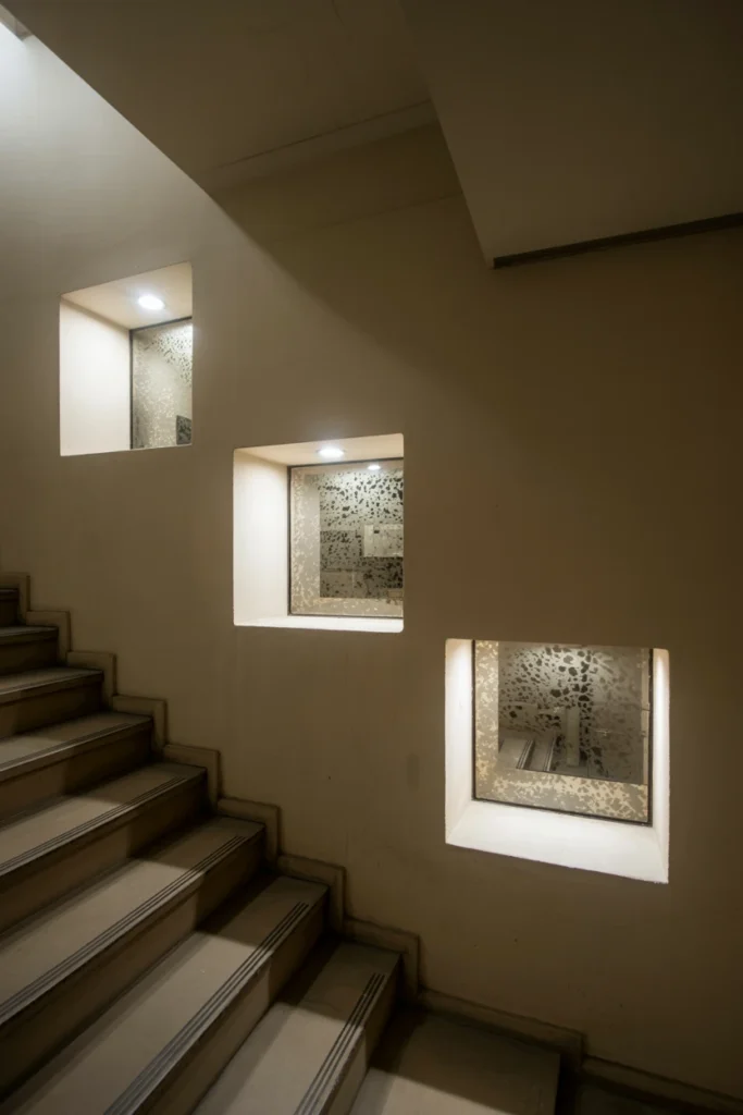 An ultra-wide 14mm shot of a staircase wall featuring three small, square recessed niches. The niches have antique mirrored backings that reflect the opposite side of the hallway. A 14mm lens captures the floor, stairs, and ceiling in one frame. The lighting is soft and diffused, highlighting the hazy, speckled texture of the antique mirrors and the sharp shadows inside the niches.