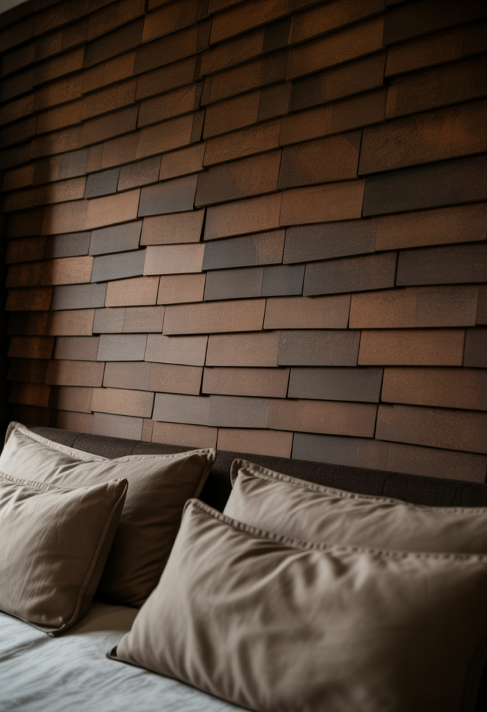 A wide-view architectural shot of a bedroom. The entire wall section above the bed is covered in overlapping dark brown cork tiles. Sunset light hits the wall from a low angle, creating deep shadows between the "shingle" layers. Realistic gritty cork texture. 50mm lens, warm and moody atmosphere.