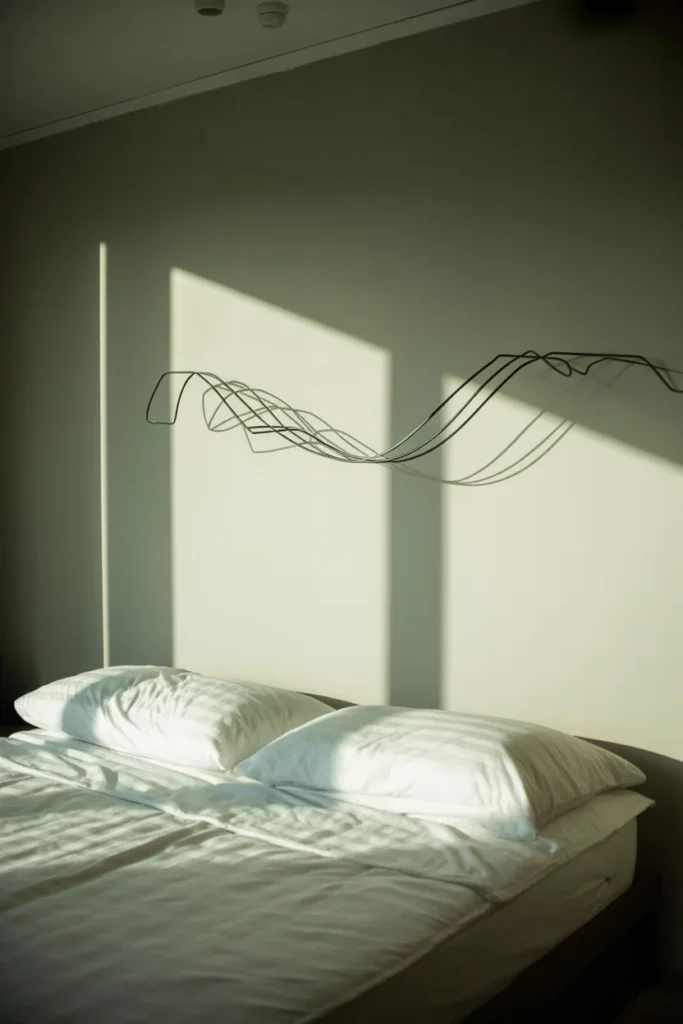 droom. A thin black wire line sculpture is centered above the bed. Strong side-lighting creates a sharp, mirrored shadow of the wire on the white wall. The room is bright and clean. 35mm lens, interior photography style, showing the full bed and wall context.