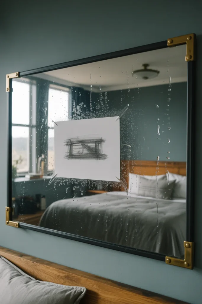 A wide, symmetrical shot of a bedroom during a rainy day. A large frameless glass-on-glass frame is mounted above the bed, holding a small charcoal sketch. Clear reflections of the bedroom are visible on the glass. The raw brass corner bolts show a realistic tarnish. 35mm lens, serene and moody lighting.