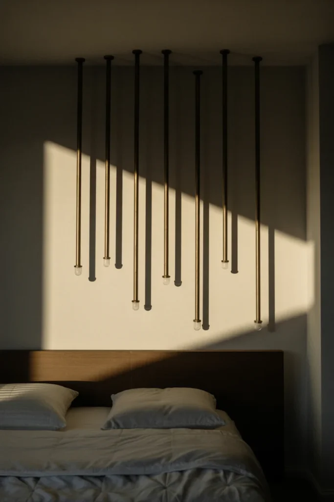A wide-view bedroom shot at night. A series of six vertical antique brass rods are mounted above the bed. A single spotlight or lamp creates a vertical glint on each rod and long, thin shadows. 50mm lens, high-detail texture, moody and professional.