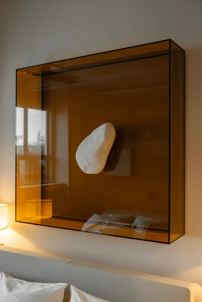 A wide-view interior shot of a bedroom at dusk. A large, square smoked-grey acrylic box is mounted centered above the bed. Inside the box is a single white sculptural stone. Soft, warm lighting from a bedside lamp reflects off the acrylic surface. 50mm lens, architectural photography, showing the entire headboard and the wall decor clearly.