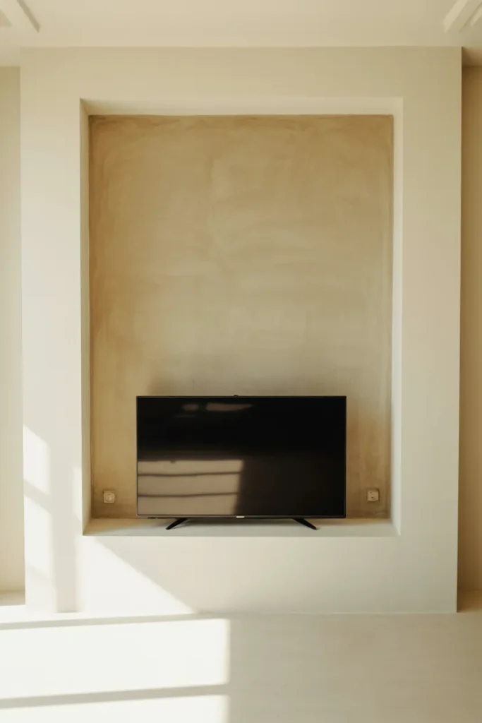 A wide, symmetrical shot of a minimalist living room. The TV is perfectly recessed into a custom wall niche finished in a grainy, matte beige lime-wash. The surrounding wall is a crisp off-white. Natural morning light fills the room, showing the trowel marks in the niche interior. 35mm lens, clean and airy interior photography.