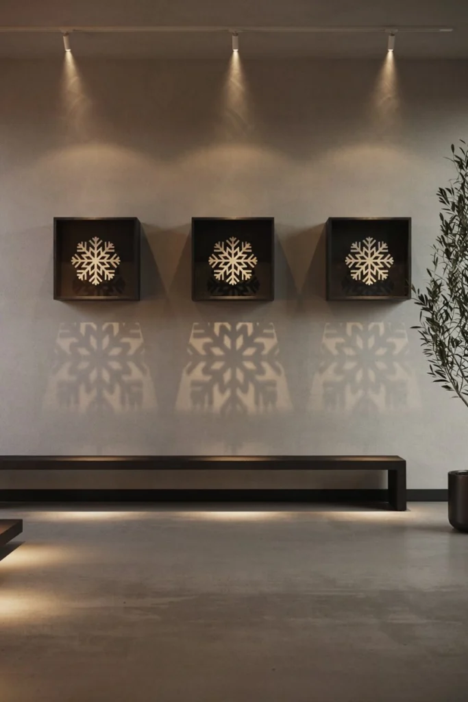 An ultra-wide shot of a contemporary home interior. Minimalist square black steel box frames are mounted to a soft grey wall, functioning as individual winter art pods. Top-mounted directional spotlights cast warm downlight, revealing laser-cut snowflake pattern shadow work. Modern, high-end B2B styling, atmospheric mood lighting.