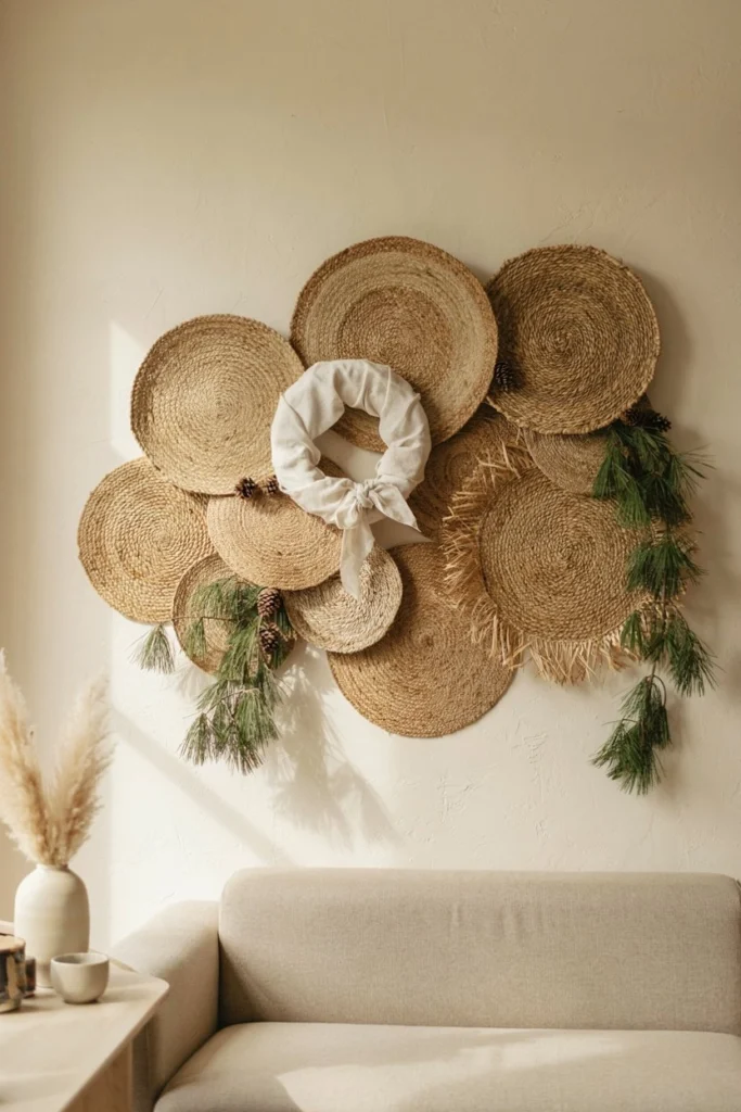 An ultra-wide bohemian style living room feature wall for Christmas. A large asymmetrical cluster of woven rattan, jute, and seagrass circular mats covers a warm cream wall. Nestled in the center is a minimalist ivory linen abstract wreath. Green pine vines are woven through the mats. Soft, bright, airy neutral interior style, Pinterest aesthetic.