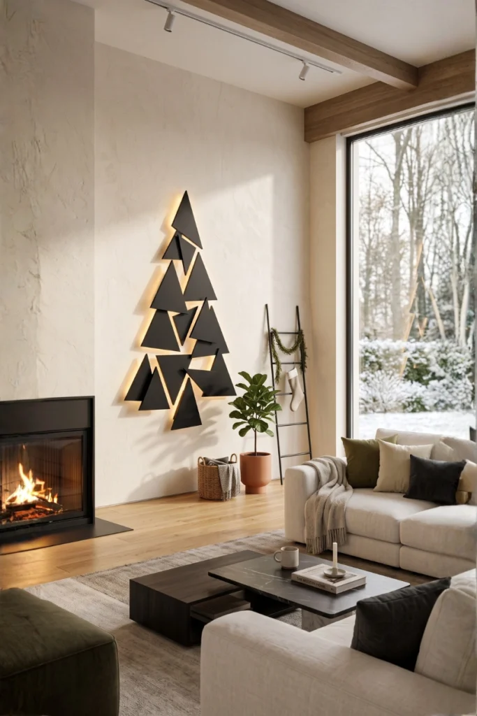 An ultra-wide Pinterest-friendly shot of a modern living room featuring a 3D minimalist Christmas tree wall installation. An asymmetric cluster of matte black layered triangular panels is mounted on a textured cream plaster wall. Warm 2700K LED hidden backlighting casts soft architectural shadows downward. High-end aesthetic, premium B2B interior design style, photo realistic, 8k resolution