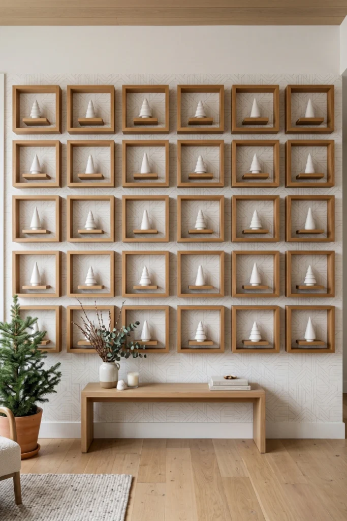 An ultra-wide shot of a creative holiday display wall. A perfect grid of thick, open-backed oak frames mounted over minimalist patterned wallpaper. Inside each frame, a small wooden shelf holds a single white ceramic minimalist Christmas tree figurine. Clean, organized, highly structured interior design layout.