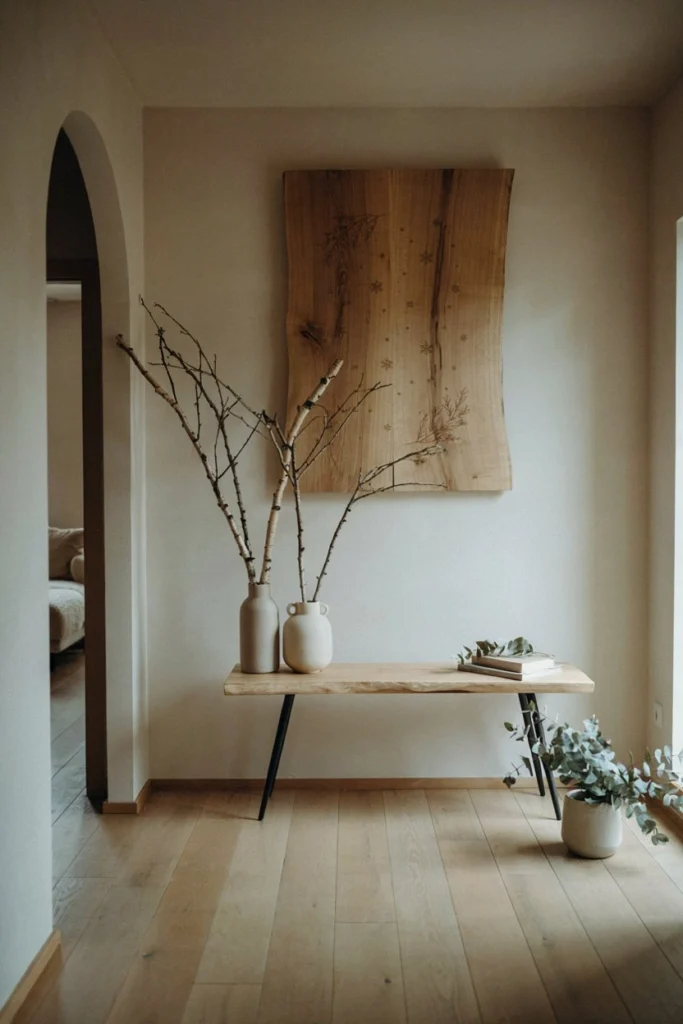 An ultra-wide architectural interior view of an entryway corridor styled for the holidays. A large statement piece featuring a rustic live-edge wooden block with a subtle laser-engraved winter design hangs as the central focal point. Below it sits a slim live-edge wooden console table with minimalist legs. Styled with organic matte white ceramic vases holding bare branches. High-end, slow-living aesthetic, editorial interior photography.