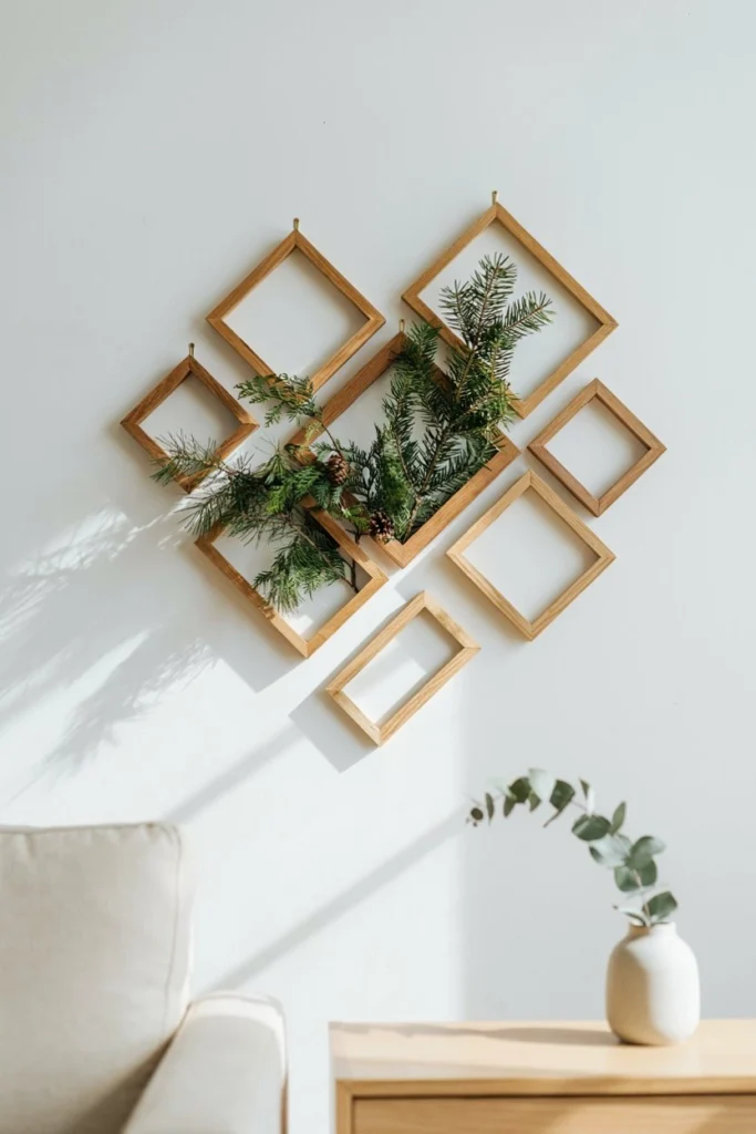 An ultra-wide Pinterest-style close-up of a modern biophilic Christmas feature wall. A structured collection of empty light-wood diamond frames are arranged on a white wall, with fresh green pine and cedar branches growing out from the center of the geometric frames. Artistic shadows, high contrast, clean and bright design, editorial home staging