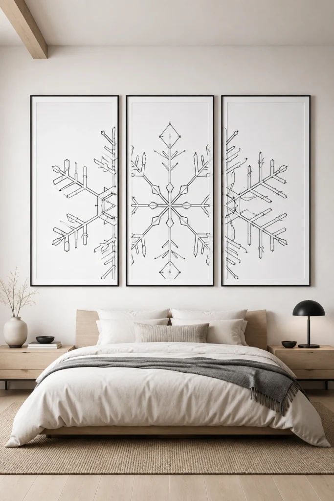 An ultra-wide view of a minimalist bedroom feature wall displaying a triptych of architectural winter line art frames. Three oversized vertical black frames with white matting showcase continuous black line art drawings of geometric snowflakes on a pure white canvas. Clean, bright, sophisticated scandinavian interior style.