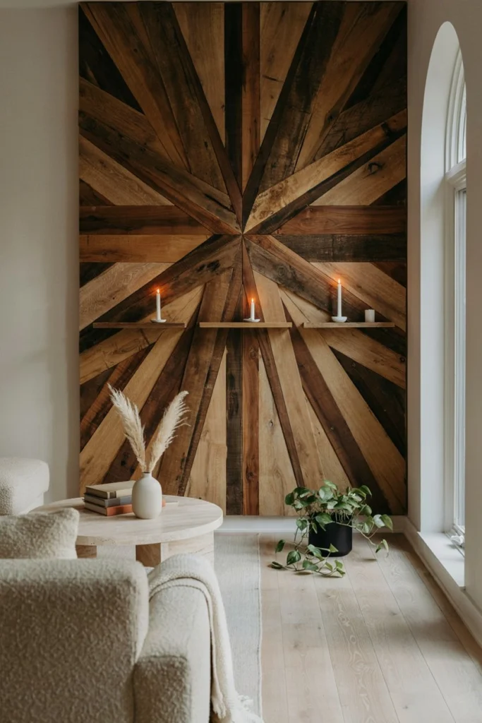 An ultra-wide view of a rustic modern accent wall. A geometric mosaic panel constructed from thick angular blocks of walnut, oak, and reclaimed wood slabs of varying sizes forming an abstract star layout. Small integrated ledges hold white candles. Warm daylight, cozy texture, premium interior design