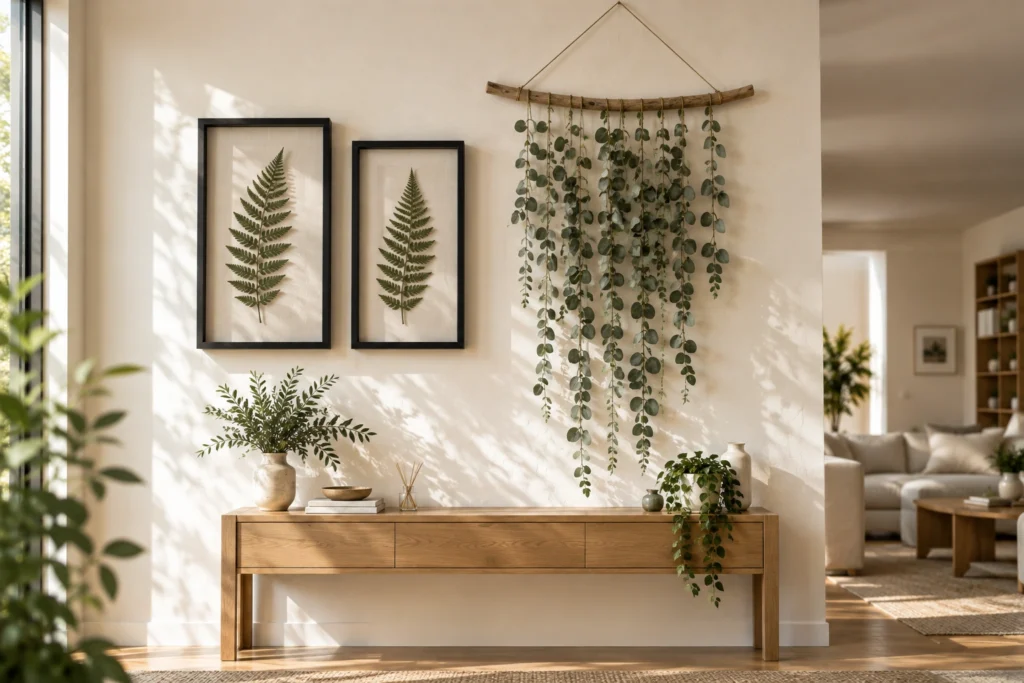 An ultra-wide editorial interior shot of a botanical wall gallery with preserved fern shadow-box frames and a hanging eucalyptus branch tapestry against a warm-white plaster wall