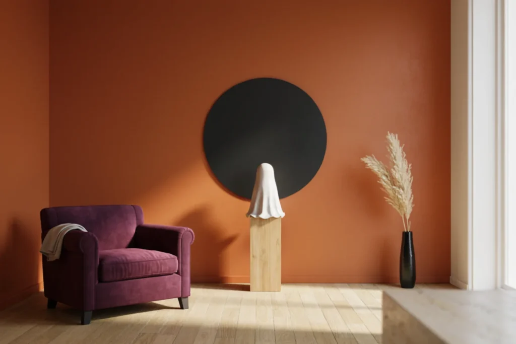 Modern Halloween wall décor with a burnt orange wall, black circle and white ceramic ghost