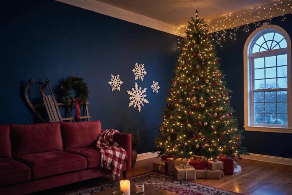 Christmas wall decor ideas with a fairy-light tree, giant paper snowflakes, and a plank tree