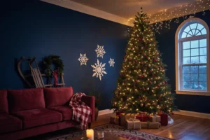 Christmas wall decor ideas with a fairy-light tree, giant paper snowflakes, and a plank tree