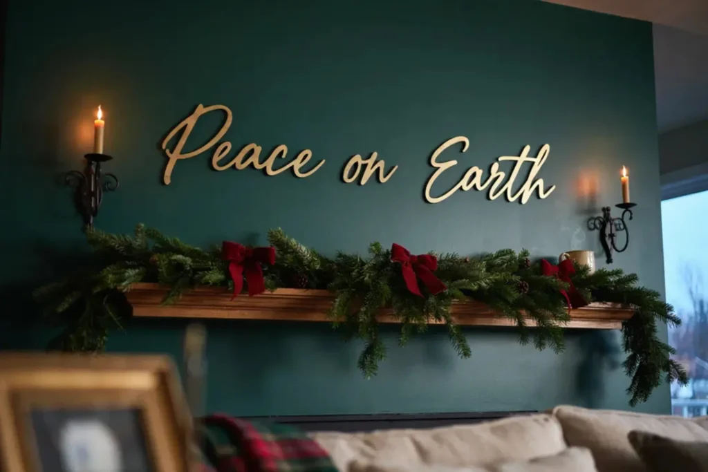 Holiday quote wall décor inspirations with brass script, walnut letters, and gold foil prints