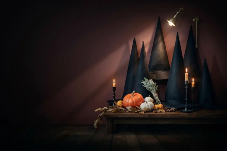 Black witch hats and orange pumpkins on a deep purple wall styled for Halloween 2026