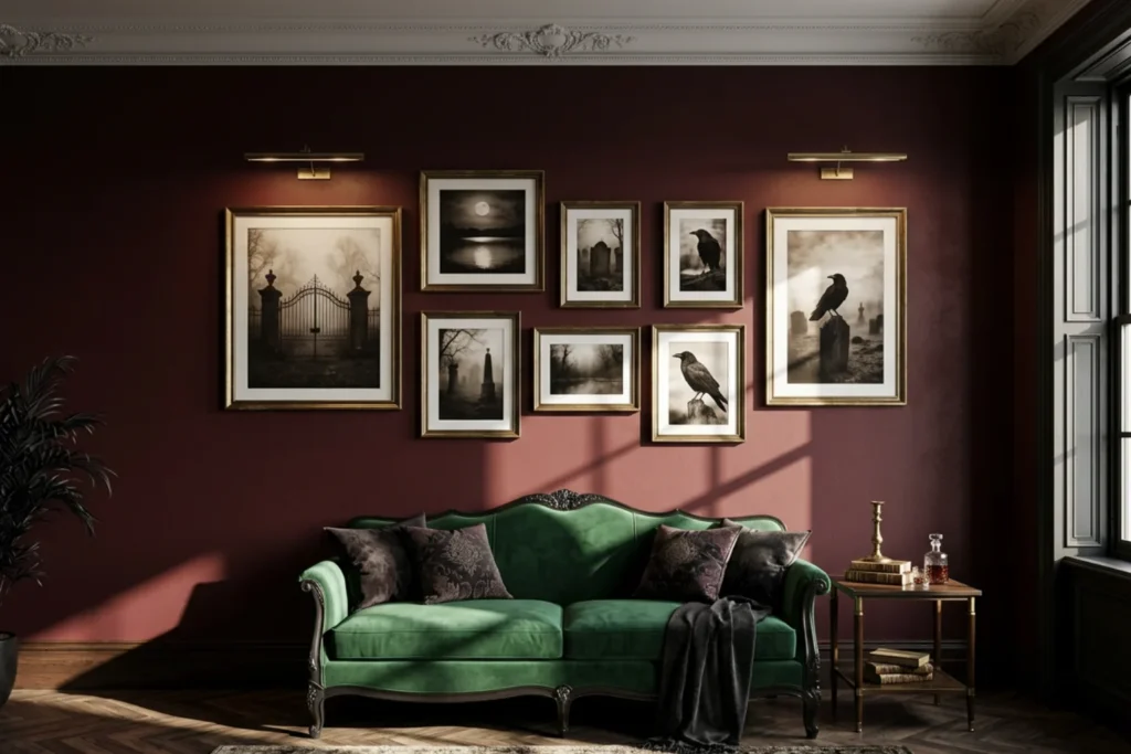 Halloween wall design inspirations with an oxblood gallery wall, black arch, and moth wallpaper