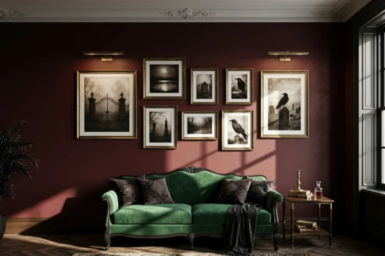 Halloween wall design inspirations with an oxblood gallery wall, black arch, and moth wallpaper