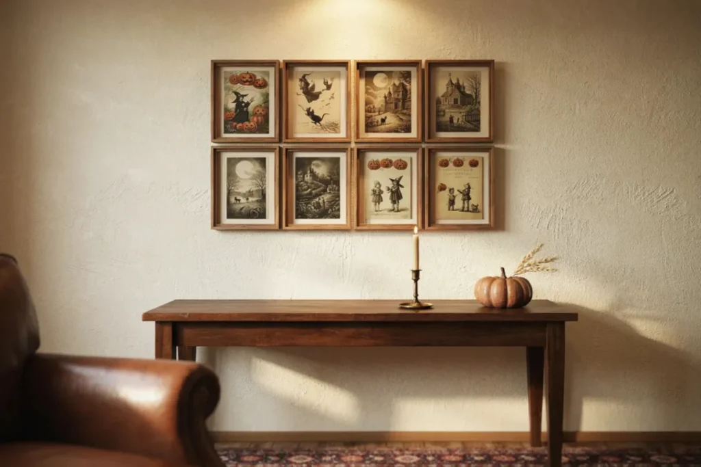Vintage Halloween wall décor inspirations with postcards, a paper skeleton, and a crepe paper swag