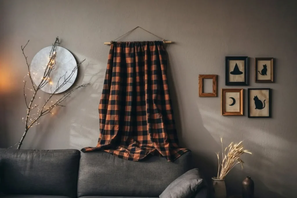 Last-minute Halloween wall décor ideas using frames, a plate moon, and a wool throw