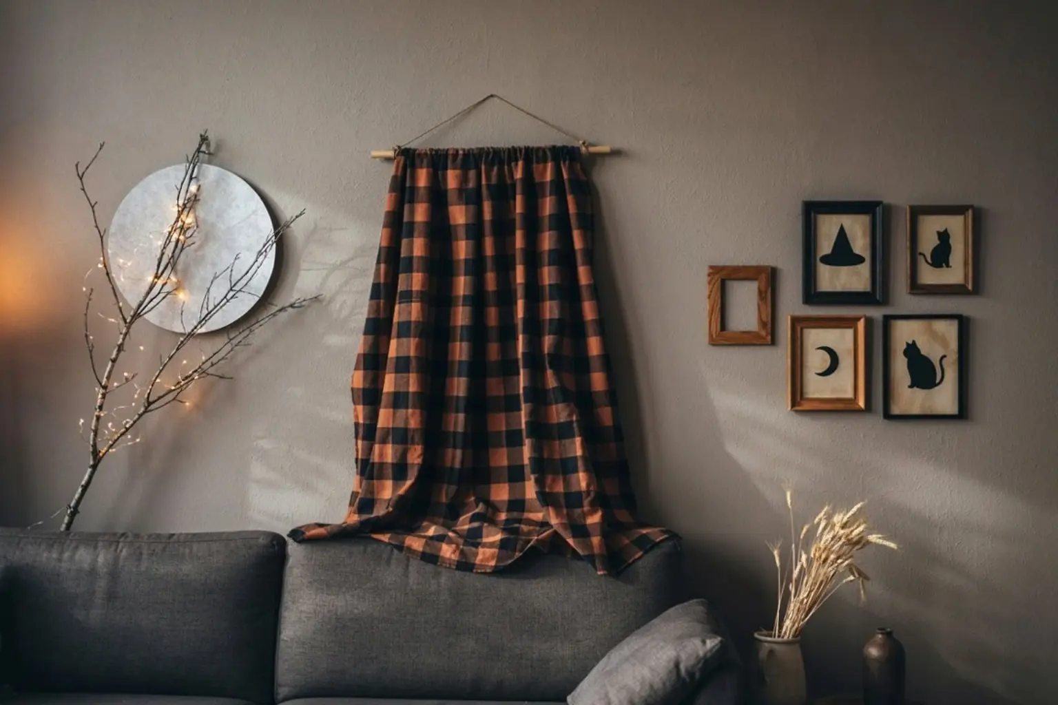 Last-minute Halloween wall décor ideas using frames, a plate moon, and a wool throw
