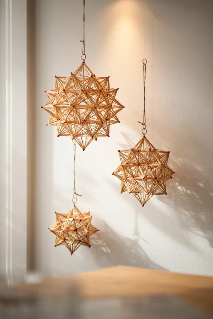 Three golden geometric straw ornaments hanging at different heights on a white wall