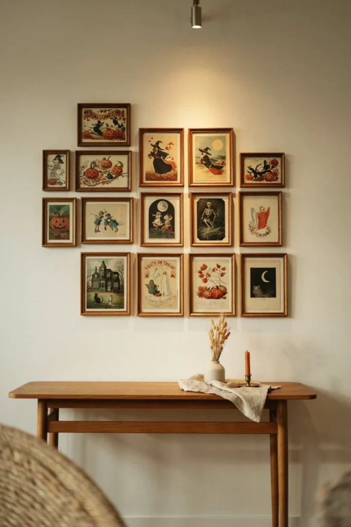 Grid of twelve small walnut frames holding vintage Halloween postcards above an oak console