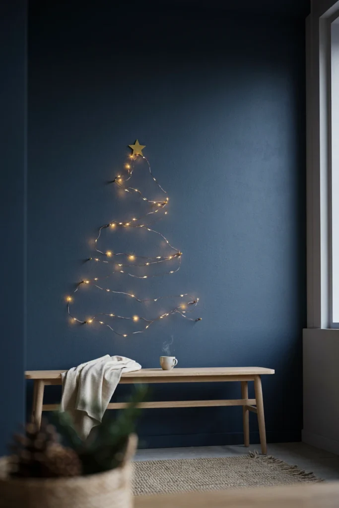 Christmas tree outlined with warm fairy lights on nails against a dark navy wall