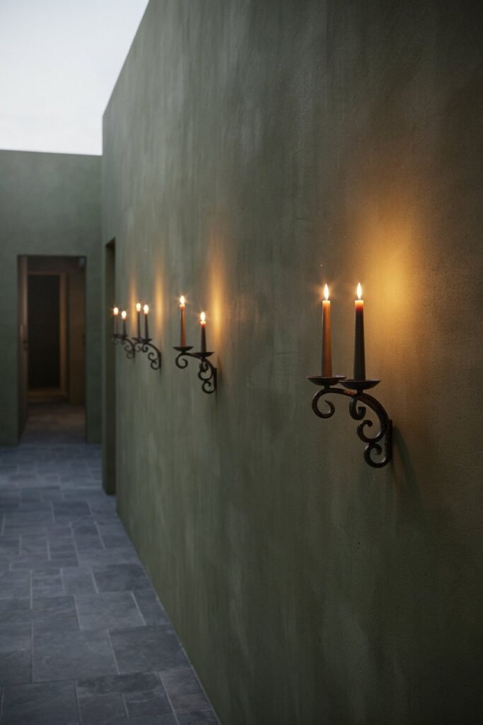 Three wrought-iron sconces with flameless candles on a limewashed olive wall