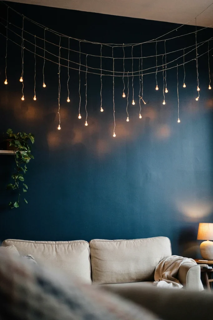 Warm icicle lights hanging in two staggered rows along the top of a navy wall
