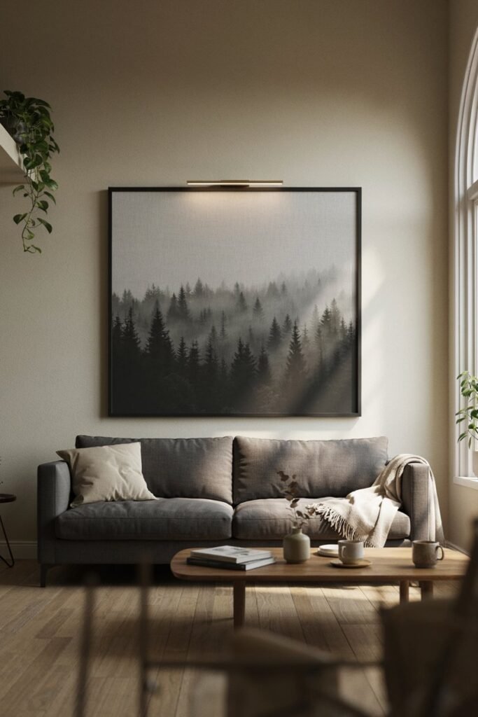 Oversized black-and-white misty forest photograph above a sofa on a greige wall
