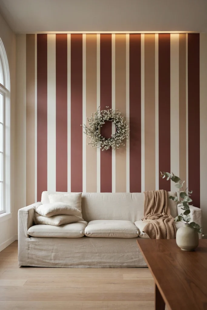 Cranberry and ivory vertical striped wall with a white berry wreath at eye level