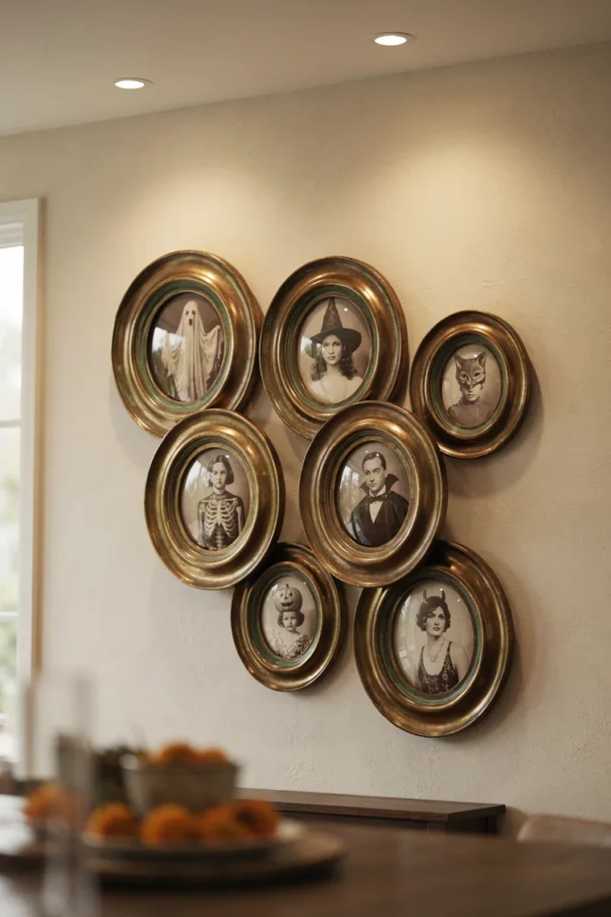 Cluster of seven oval brass frames holding sepia costume photographs on a tobacco wall