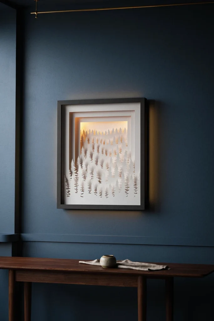 Glowing paper-cut forest lightbox with layered evergreens on a navy wall