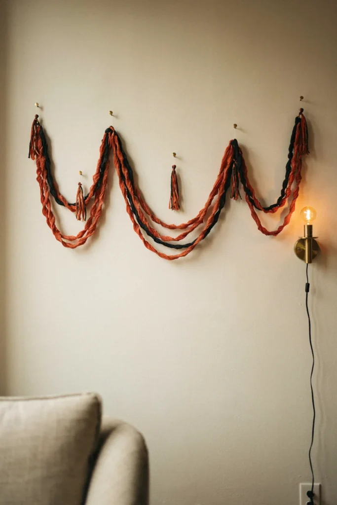 Orange and black twisted crepe paper swag in four scallops across a cream wall